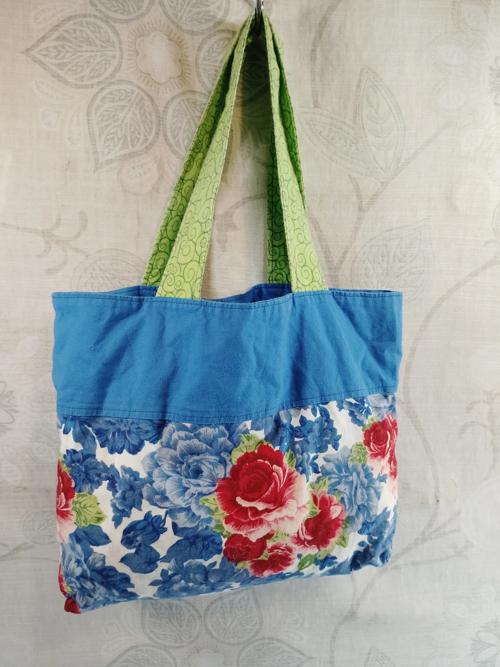 Floral Canvas Tote Bag with Blue Trim and Green Handles